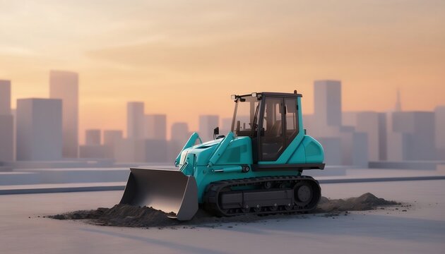 建設現場で土砂をならす青いブルドーザーのクローズアップ
