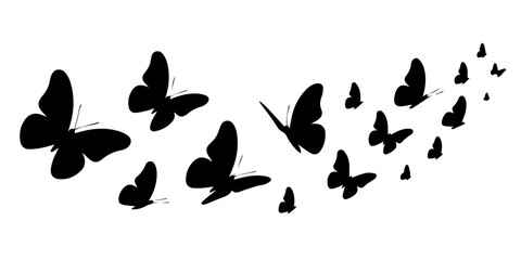 Fototapeta premium Flying Butterfly Silhouette Swarm Vector, Dynamic Trail of Black Butterflies for Nature and Spring Wall Decal Design, Black butterflies flying in a scattered pattern butterfly, flying flock, insect on