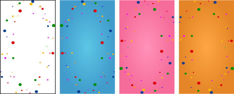 Colorful dots and stars on vertical backgrounds, Vibrant confetti pattern frames, Decorative multi colored spot layouts