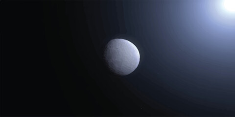 Distant moon illuminated by sunlight in outer space with solar system celestial astronomy universe background exploration illuminated sunlight ethereal atmospheric illustration representati © KHADIZA