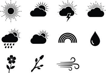 Fototapeta premium Set of black weather icons including sun cloud rain rainbow flower and wind symbols