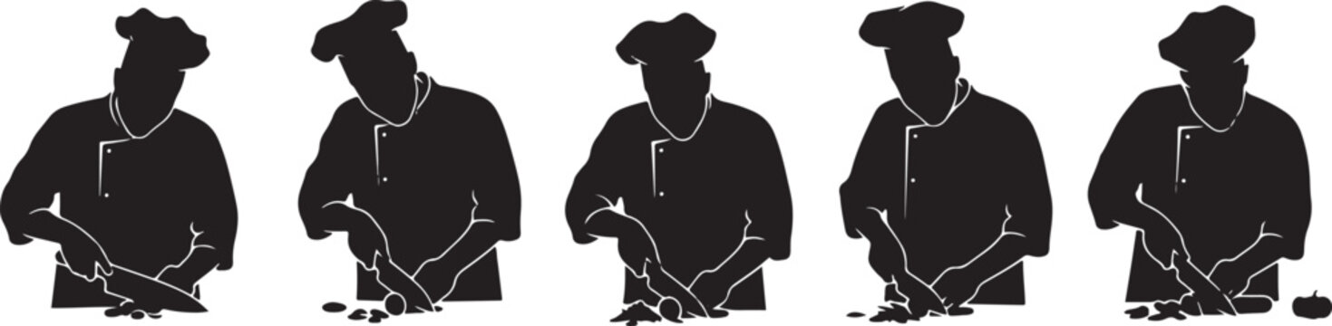 Chef in uniform chopping vegetables on cutting board, culinary process, food preparation, professional cooking.