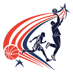 Basketball players in action with dynamic red white blue streaks slam dunk basketball © harun