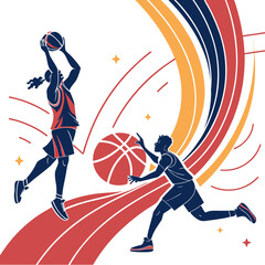 Basketball players jumping and running with abstract colorful trails slam dunk basketball © harun