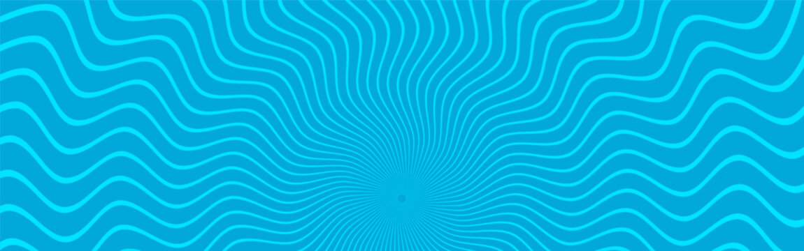 Abstract cyan wavy sunburst, turquoise spiral radial pattern, blue hypnotic background