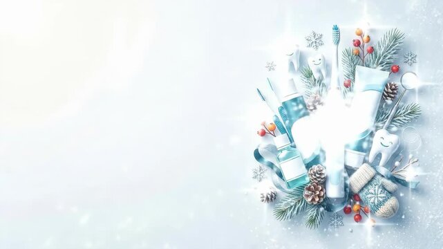 Electric toothbrush and toothpaste tubes in festive Christmas arrangement. Oral hygiene products decorated with pine branches, holly berries, snowflakes and pine cones. Winter holiday dental care