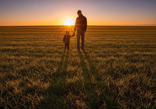 Father and son silhouetted in golden wheat field at sunset