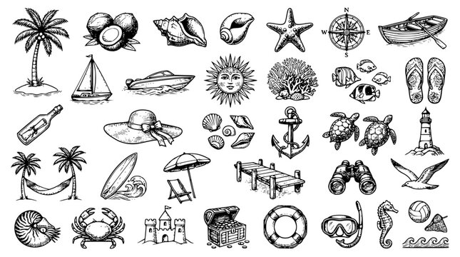 Summer Beach Vacation Icon Set Collection &ndash; Palm Tree, Coconut, Starfish, Seashell, Sailboat, Surfboard, Crab, Lighthouse and Tropical Ocean Elements Vector Illustration