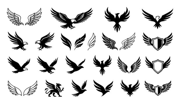 Large collection of black heraldic wings and eagle silhouettes vector