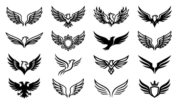Set of elegant angel wings and bird crest silhouettes vector