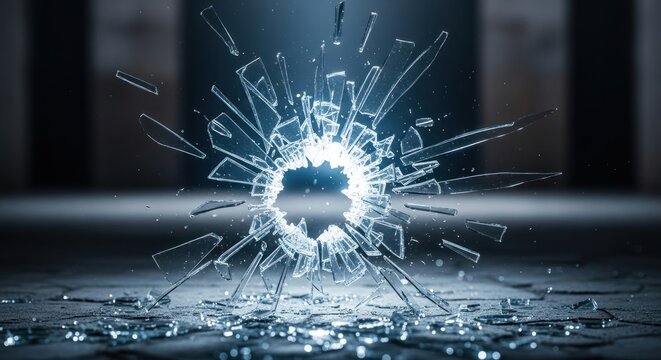 Shattered glass explosion on concrete surface with dramatic lighting