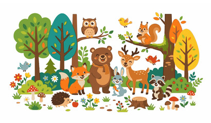 Naklejka premium Colorful autumn forest background with happy woodland animals vector