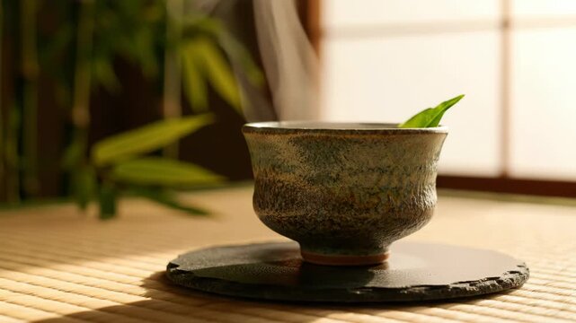 Steaming ceramic Japanese tea cup with a green leaf inside sitting on a black stone coaster on a tatami mat in a traditional room with shoji screen and blurred bamboo background.