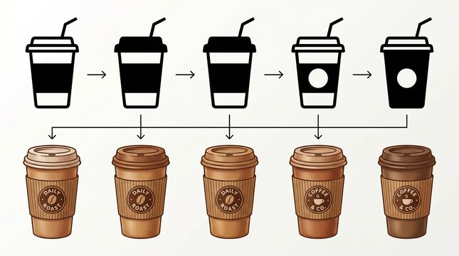 Coffee cup puzzle with abstract icons matched to realistic branded cups.
