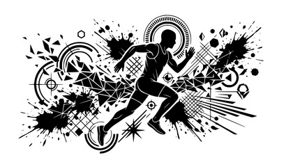 Athlete runner silhouette with abstract splash and gear patterns vector © akash