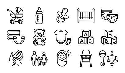 Baby care, newborn accessories, and toys line icon set vector