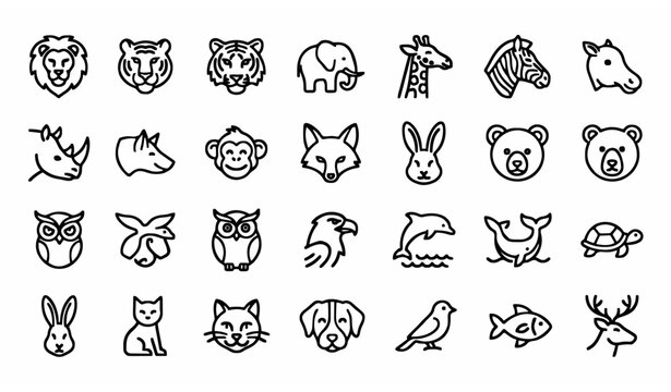 Mega pack of cute animal faces simple line icons vector