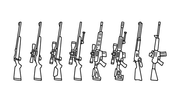 Rows of military assault rifles and guns silhouette set vector