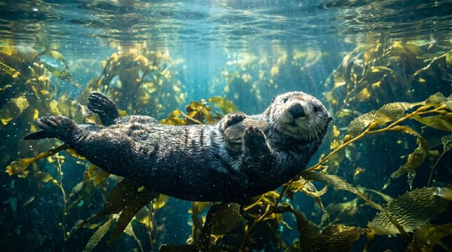 A sea otter floating on its back in a kelp forest