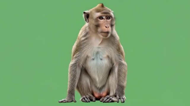 Monkey sitting upright against a green background