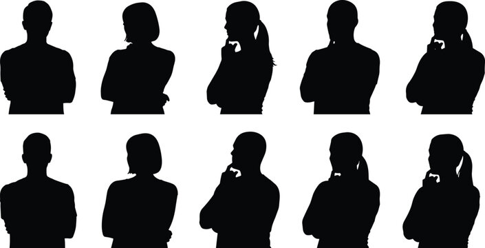 Silhouette set of people thinking and contemplating, collection of male and female bust figures showing doubt, reflection, and thoughtful body language isolated vector graphic.