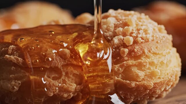 Delicious Honey Drizzling on Sweet Pastry Closeup.