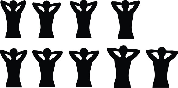 Silhouette set of a man with hands behind head, collection of male upper body figures expressing relaxation, resting, and contemplation isolated vector graphic.