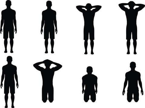 Silhouette set of a man standing and kneeling with hands behind head, collection of male figures expressing relaxation, surrender, and contemplation isolated vector graphic.
