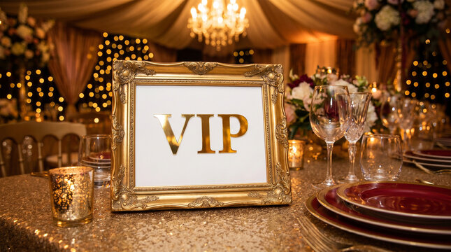 Elegant vip table setting with gold frame and red plates at luxury event 4k