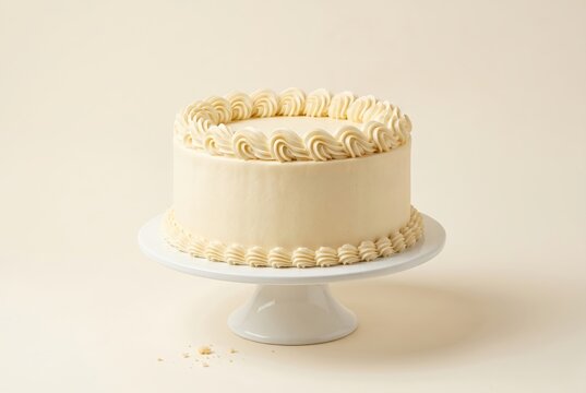 Handmade buttercream cake with decorative piping on cake stand