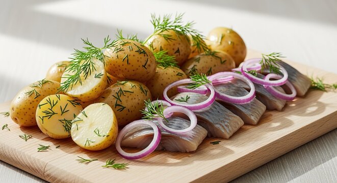 Herring fillet with boiled potatoes and red onion on wooden board. Concept of traditional nordic cuisine, simple comfort food and homemade meal.