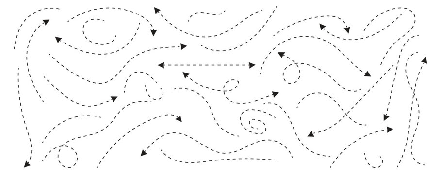 Dotted curved line arrow direction route path set, zigzag doodle arrow vector collection.  dotted line design for navigation, vector illustration