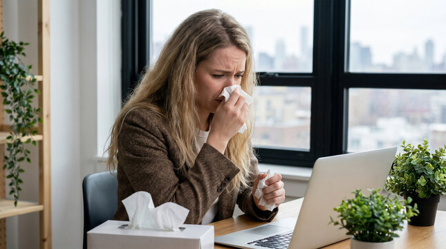 Woman sitting at desk blowing nose into tissue with laptop and box nearby 4k