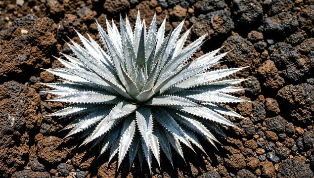 Silver agave plant with sharp thorny leaves growing in dark volcanic rock soil under bright sunlight.