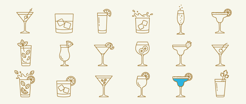 Collection of stylized cocktail and drink icons in a line art style