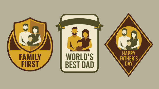 Father's Day celebration emblems with family illustrations and text