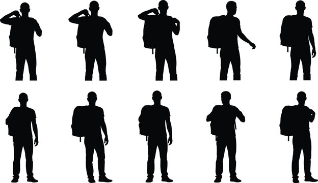 Silhouette set of a man wearing a backpack standing, collection of male traveler figures in various casual journey and commuting poses isolated vector graphic.