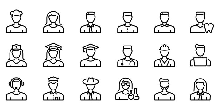 Avatar Professions Line Icon Set, Doctor Police Chef Business Vector Collection