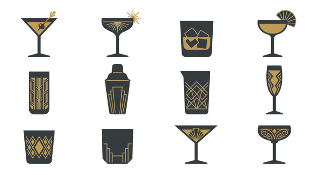 Art Deco Cocktail Glasses and Barware Collection Geometric Patterns