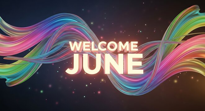 Colorful neon welcome June celebration background with vibrant light waves.
