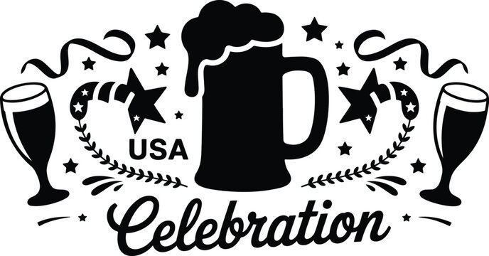 USA celebration graphic with a foamy beer mug, elegant glasses, stars, and laurel wreaths in black