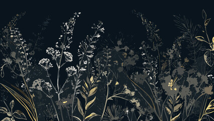 A dense arrangement of wildflowers and grasses is depicted in a muted tone vector illustration floral botanical herbs plants flora vegetation © SayanKumar