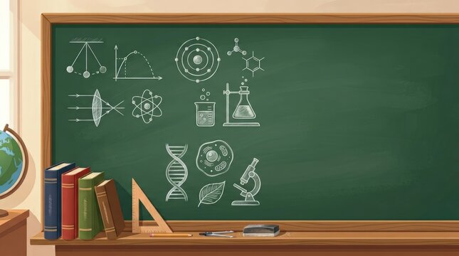 Green chalkboard with science drawings and classroom objects