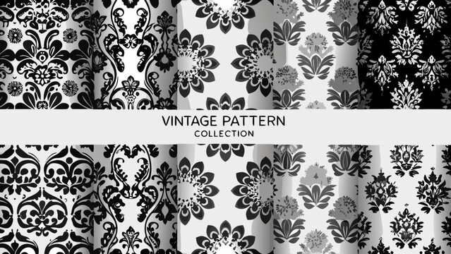 Floral ornament collection a series of twelve grayscale vector patterns with repeating arabesque motifs damask flourish foliate pattern scrollwork swirl monochrome