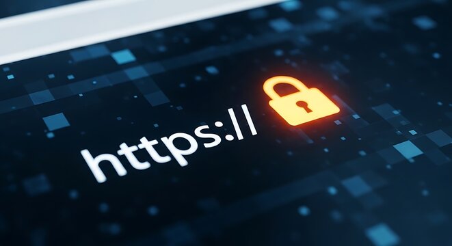 Digital Security Lock Icon on HTTPS URL Address Bar with Abstract Data Background