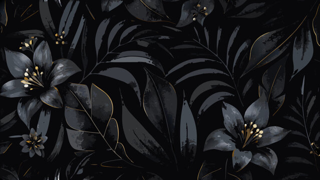 Dark floral ornament with lily and leaf details a repeating pattern on a black background flowers lilies leaves botanical illustration plant