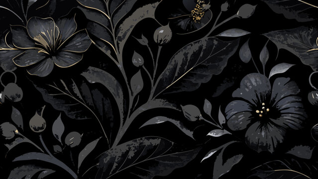 Floral ornament featuring dark blossoms and foliage a repeating vector pattern with golden accents botanical blossom branch bud decorative design detailed