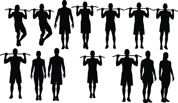 Silhouette set of people doing pull ups and chin ups, collection of male and female figures performing upper body gym workouts isolated vector graphic.