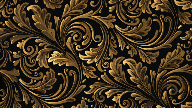 Golden floral ornament a seamless repeating vector pattern with swirling leaves and baroque style flourishes acanthus arabesque botanical brocade curlicue decorative