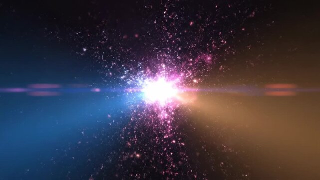 Abstract cyan and amber orange light beams colliding in a dark space with glowing particles, cinematic lens flares, and concentrated energy points against a black background.